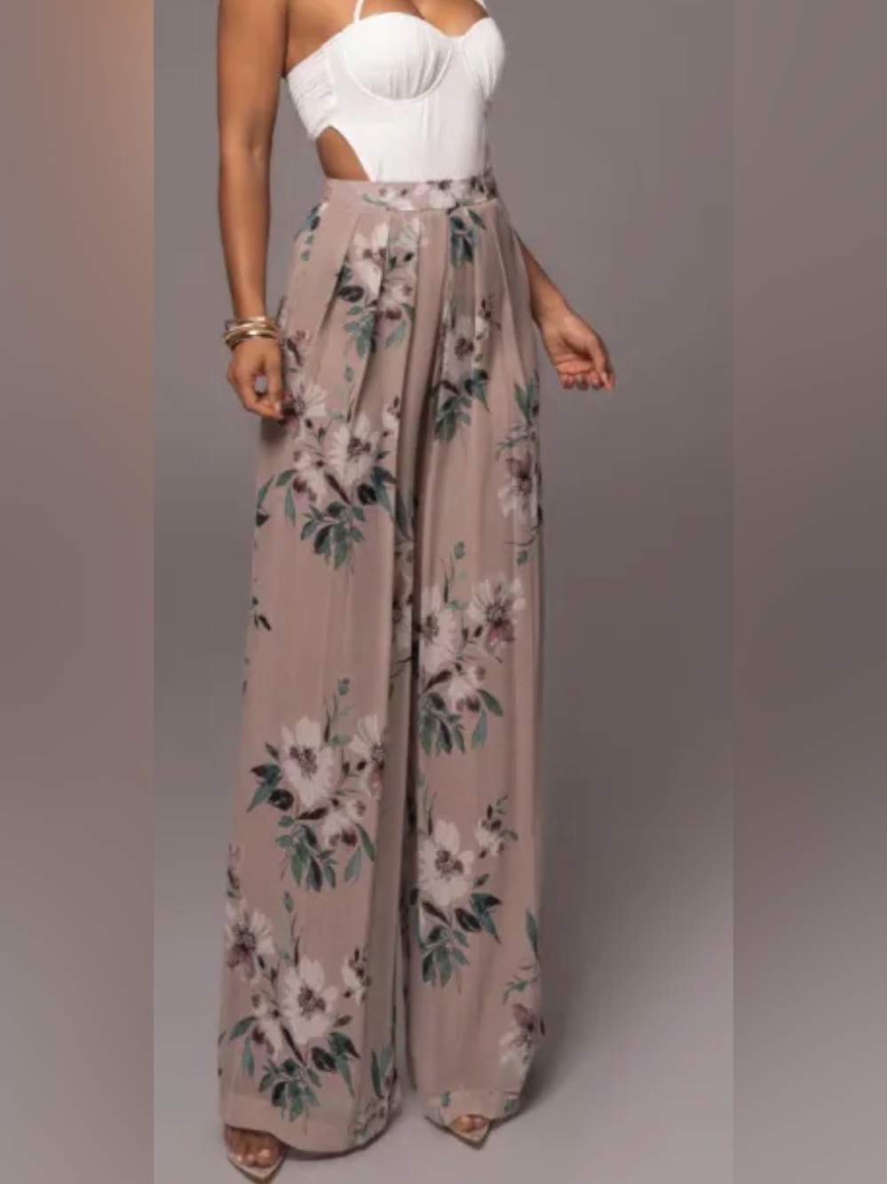 Floral Wide-Leg Jumpsuit Pants - Blush Taupe